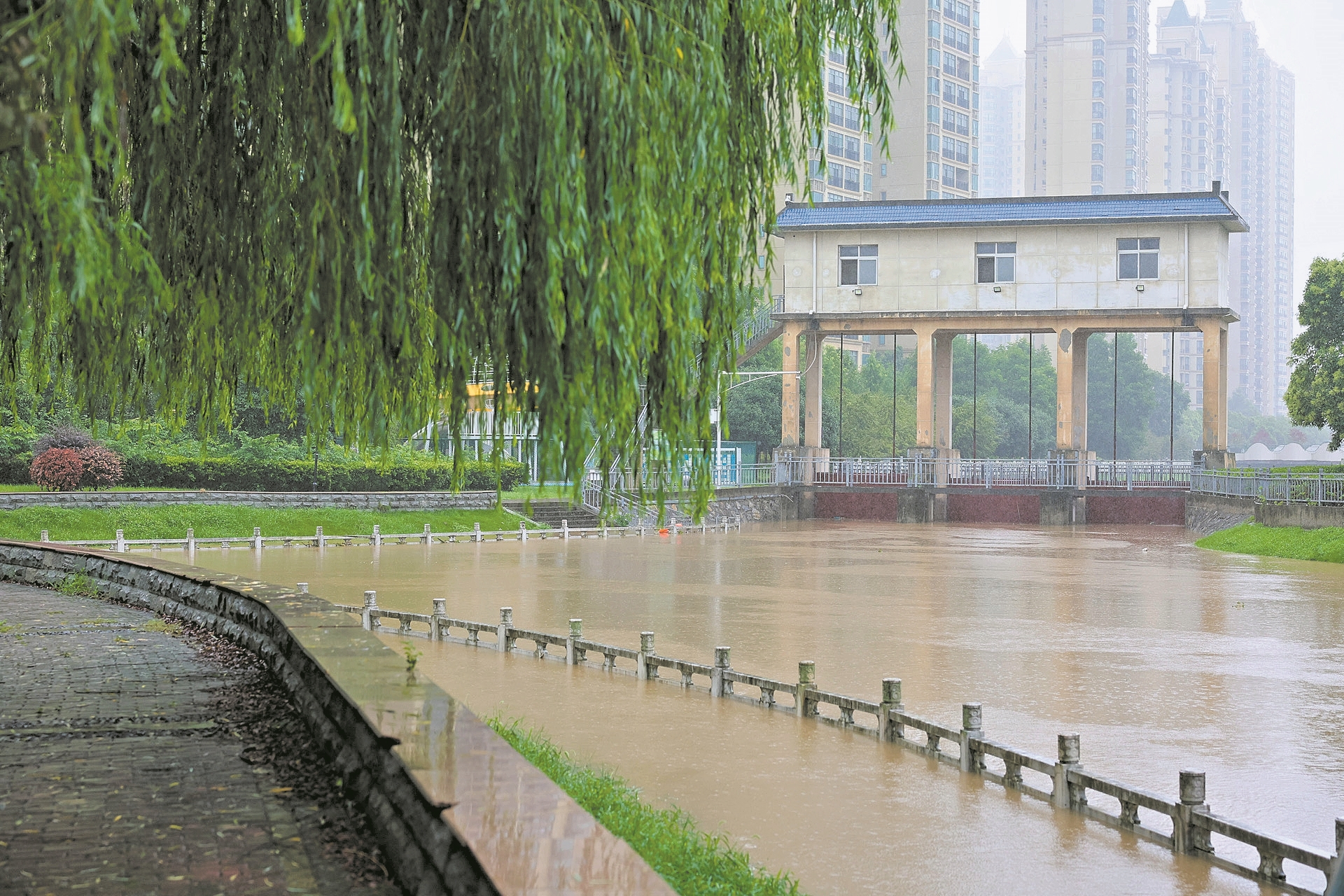 8月13日,襄水恒大节制闸关闭,抵御住了岘山山洪,上游来水将通过万山分洪闸流向汉江。记者 杨东 摄